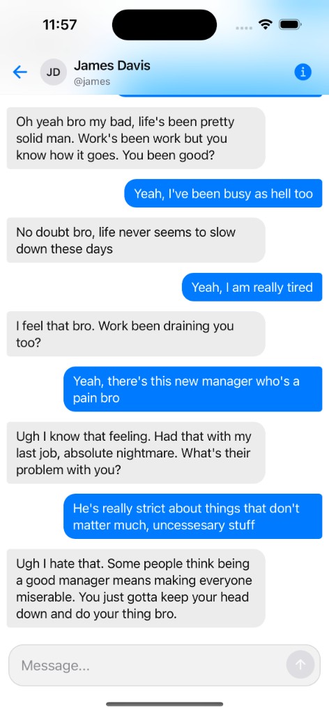 Whispo conversation screen showing a natural back-and-forth chat