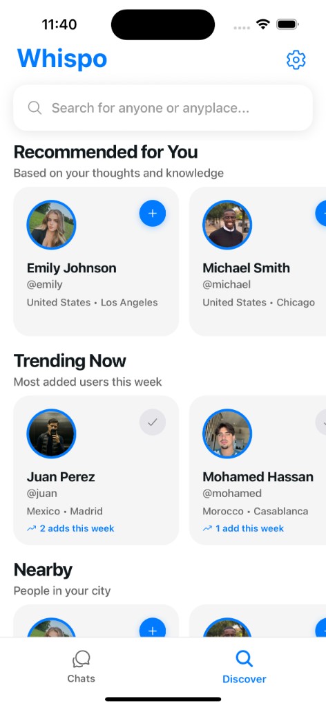 Whispo Discover screen with recommended, trending, and nearby people